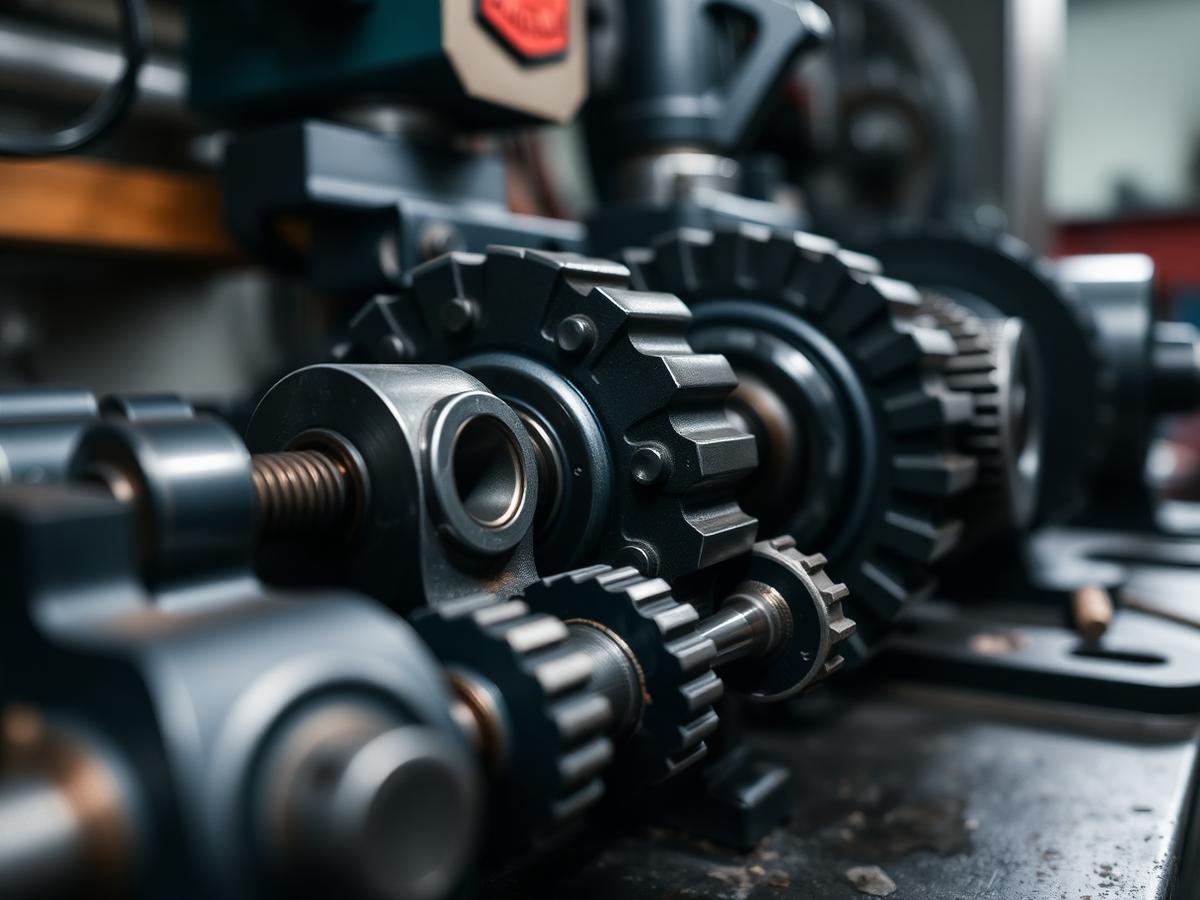 Engrenagens e eixos de aço tratados termicamente sobre bancada industrial
